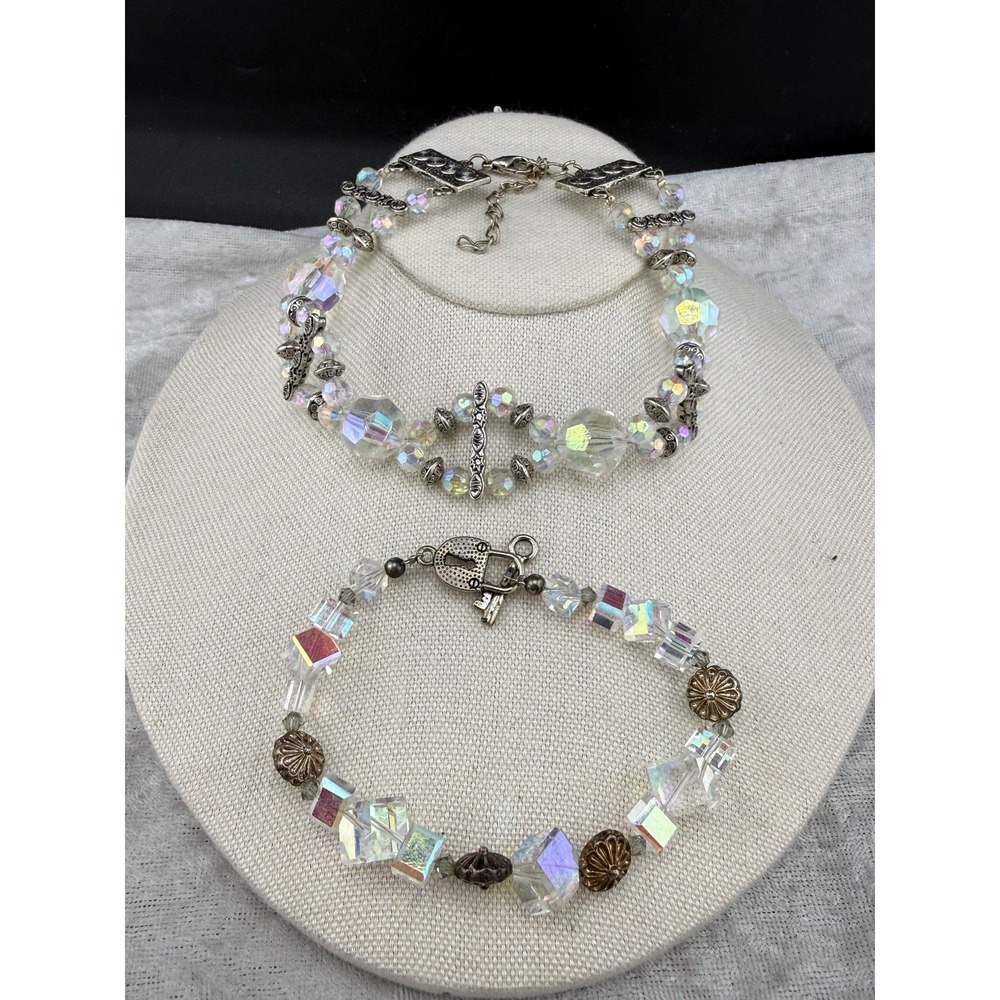 Vintage Estate AB Crystal Bracelet Lot Silver Tone Rhinestone Toggle 7.5-9.5in